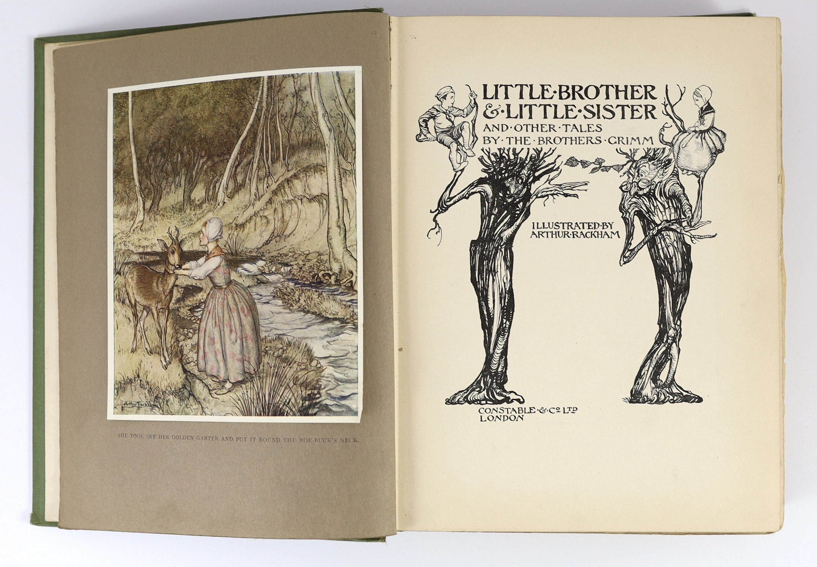 Grimm, Jacob and Wilhem - Little Brother & Little Sister, with frontis and 11 tipped-in colour illustrations by Arthur Rackham, 4to, green cloth gilt, Constable, London, 1917